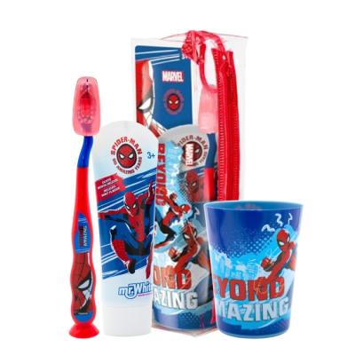 Marvel Spiderman  Kids Toothbrush Set - Soft-Bristle Toothbrush with Suction Cup & Protective Cap, Mint-Flavoured Toothpaste, and Multi-Purpose Beaker | Travel-Ready Oral Care Kit for Children Ages 3+