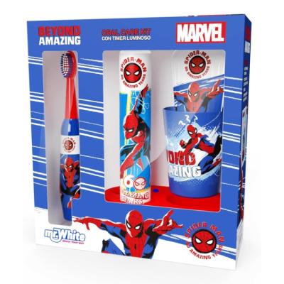 Marvel Spiderman LED Oral Care Gift Set - Battery Powered Electric Toothbrush, Mint Toothpaste, Multi-Purpose Beaker and Base with 2-Minute LED Flashing Light-Timing Tower - Age 4+