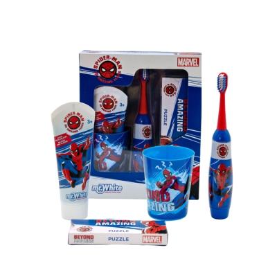 Marvel Spiderman Kids Oral Care Gift Set – Battery-Powered Electric Toothbrush, Mint Toothpaste, Multi-Purpose Beaker & Puzzle – Ages 4+
