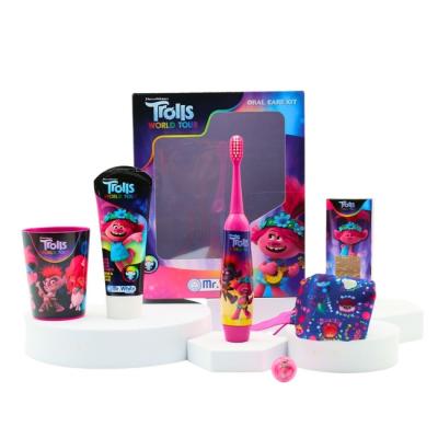 Trolls Kids Oral Care Gift Set – Battery Powered Electric Toothbrush, Mint Toothpaste, Multi-Purpose Beaker, Headband and Finger Ring – Ages 4+