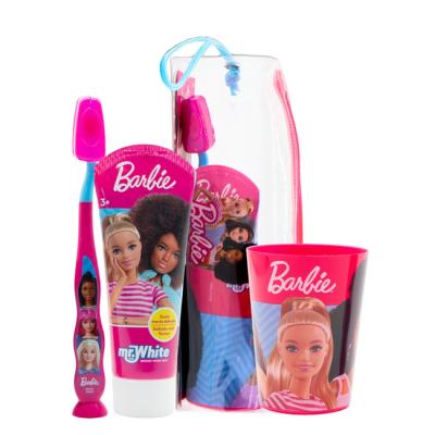 Barbie Kids Toothbrush Set - Soft-Bristle Toothbrush with Suction Cup & Protective Cap, Mint-Flavoured Toothpaste, and Multi-Purpose Beaker | Travel-Ready Oral Care Kit for Children Ages 3+
