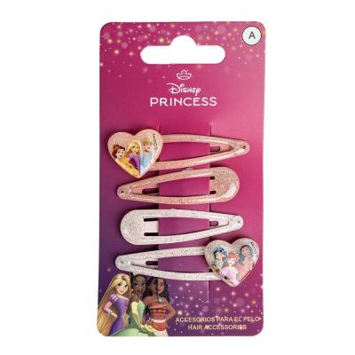 Disney Princess Glittered Hair Snap Clips for Girls, 2 Inch Metal Non-Slip Clips with Two Decorative Charms, Stylish Hair Accessories, 4 Hair Clips