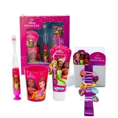 Disney Princess Kids Oral Care Gift Set – Flashing Toothbrush with Soft Bristles, Mild Mint Toothpaste, Rinse Beaker & Hair Clips with Organiser – Ages 4+