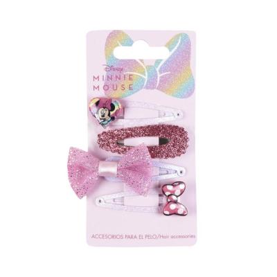 Disney Minnie Mouse Glittered Hair Snap Clips for Girls, 2 Inch Metal Shiny Non-Slip Clips with Bow on Top and with Two Decorative Charms, 4 Hair Clips